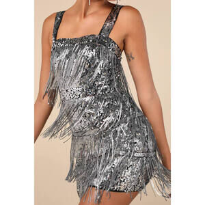 Lulus Fringe Fashion Silver Sequin Fringe Bodycon Mini Dress - Size L